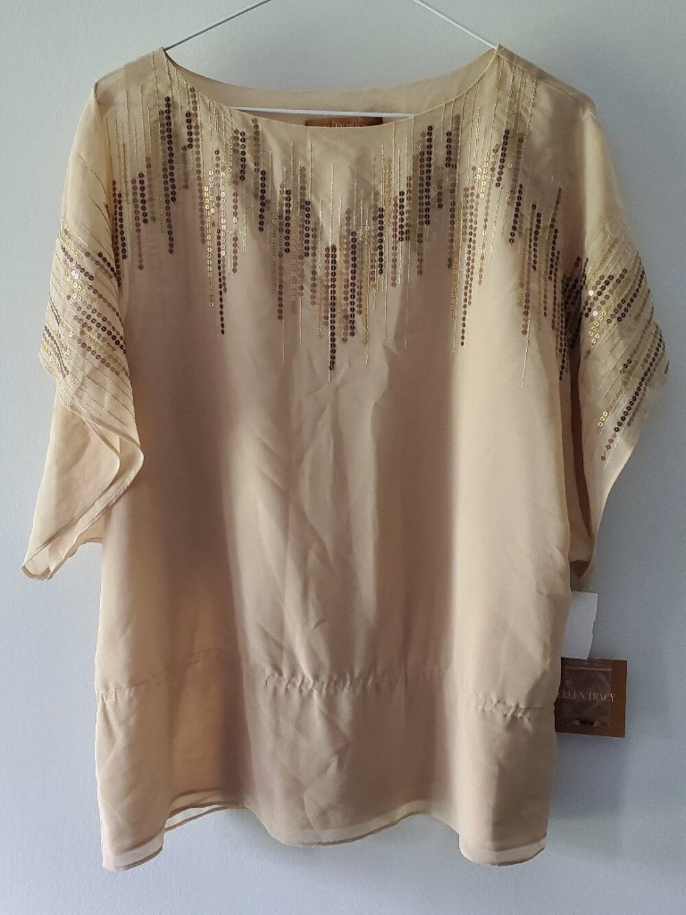 NWT Ellen Tracy Neutral Embellished Kimono Sleeve Blouse Dressy Cocktail Top MED
